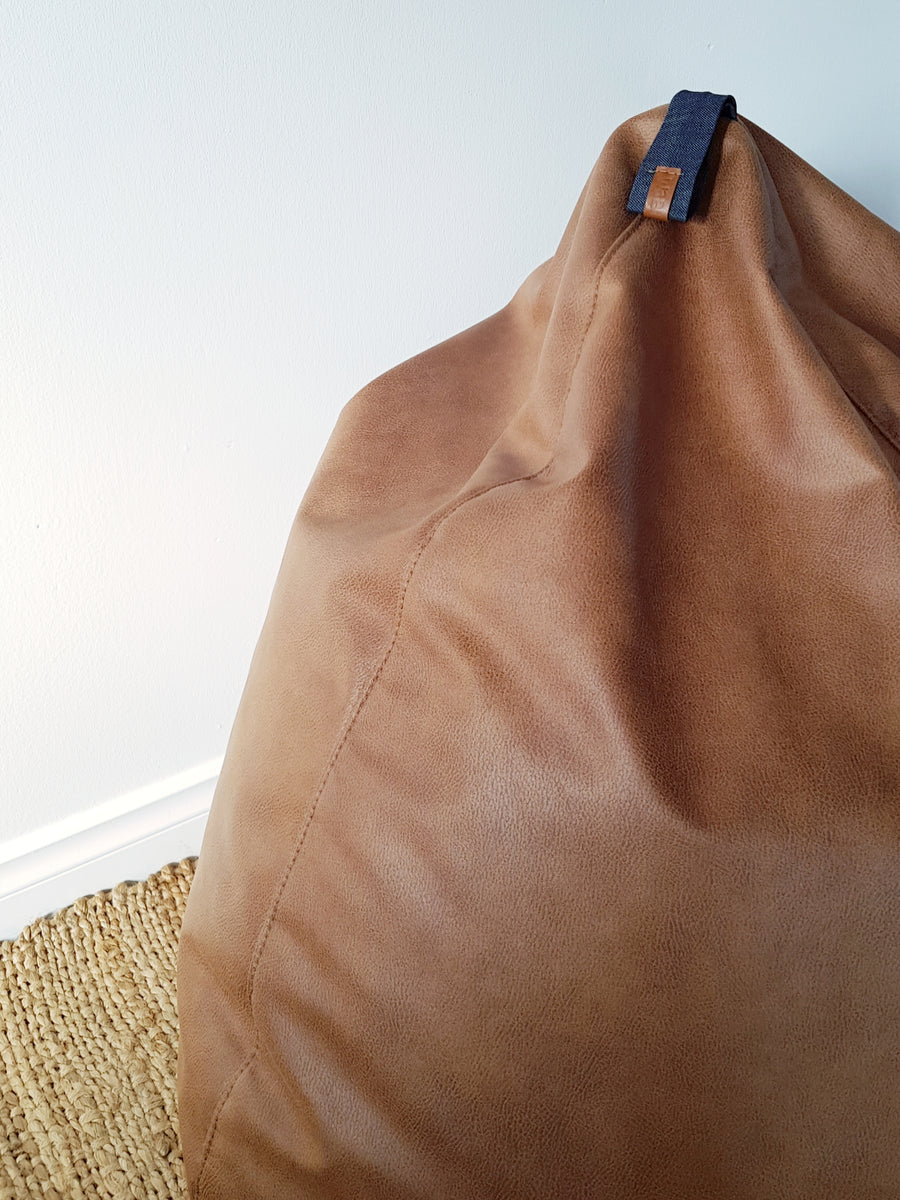 Vegan Leather Bean Bag with Denim Handle Classic Teardrop Shape