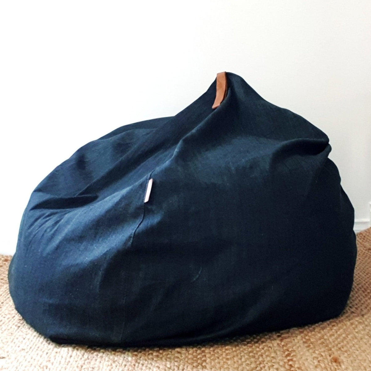 Denim Bean Bag with Genuine Leather Handle - Classic Teardrop