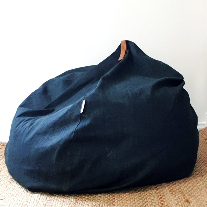Denim Bean Bag with Genuine Leather Handle - Classic Teardrop Shape