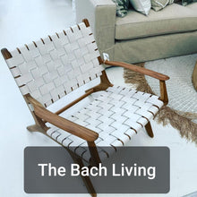 'The Bach Living' Teak Woven White Leather Arm Chairs - $350 ea