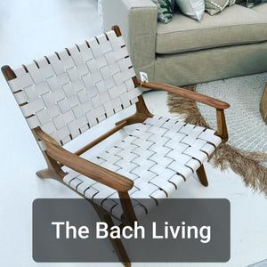 'The Bach Living' Teak Woven White Leather Arm Chairs - $350 ea