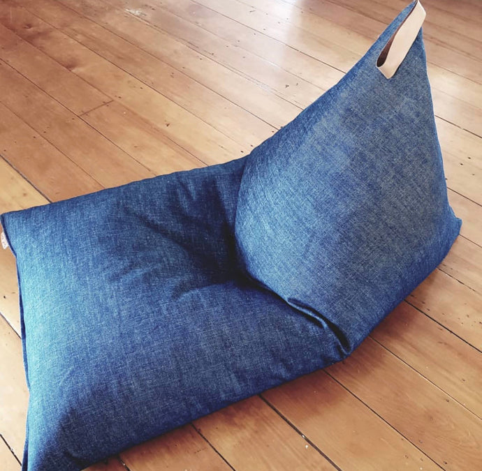 Denim Bean Bag with Leather Handle - Triangle Wedge Shape