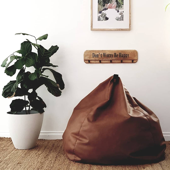 Vegan Leather Bean Bag with Denim Handle - Classic Teardrop Shape - FILLED