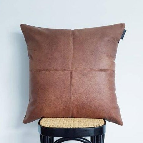 Tan Vegan Leather + Fabric Cushion Cover