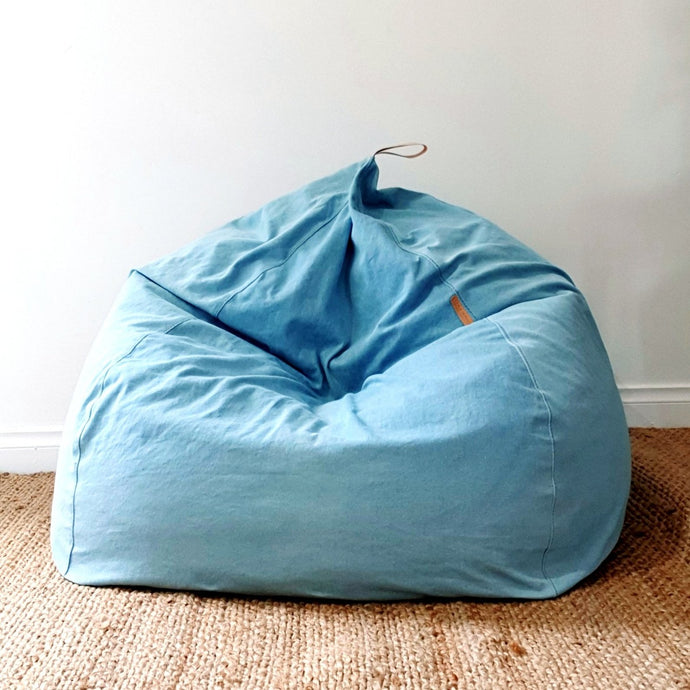* SALE - LAST ONE * Light Denim Bean Bag with Genuine Leather Handle - Classic Teardrop Shape