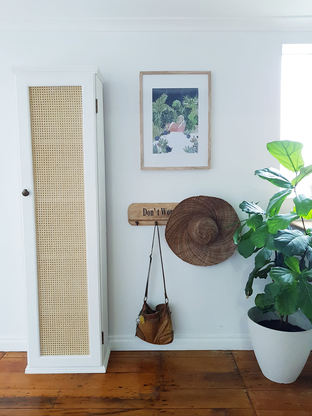 White Hardwood Timber Rattan Cabinet