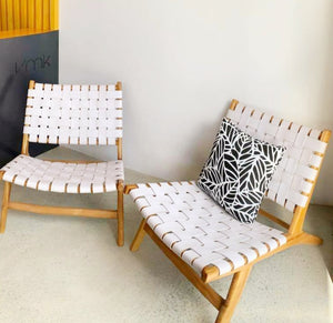 'The Bach Living' Teak Woven White Leather Arm Chairs - $350 ea