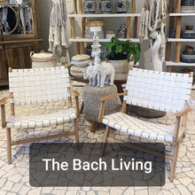 'The Bach Living' Teak Woven White Leather Arm Chairs - $350 ea