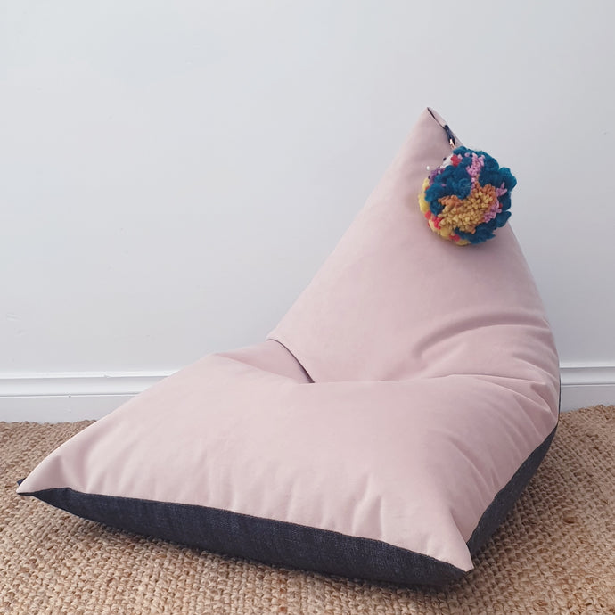 Child Luxe Pink Velvet / Denim Bean Bag + Pom Pom Bling - 65x90cm - FILLED