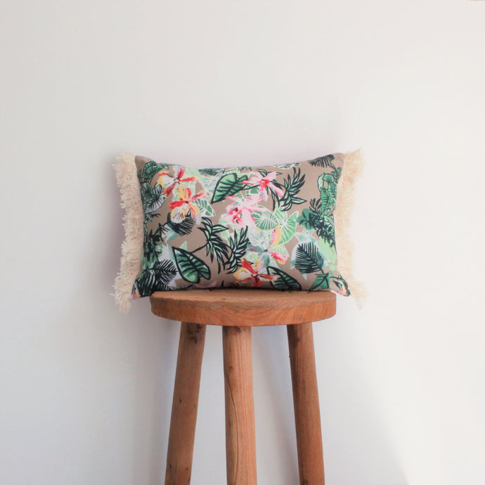 Tropical Floral Natural Fringe Cushion + Insert - ONE LEFT