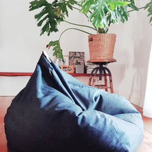 Denim Bean Bag with Genuine Leather Handle - Classic Teardrop Shape