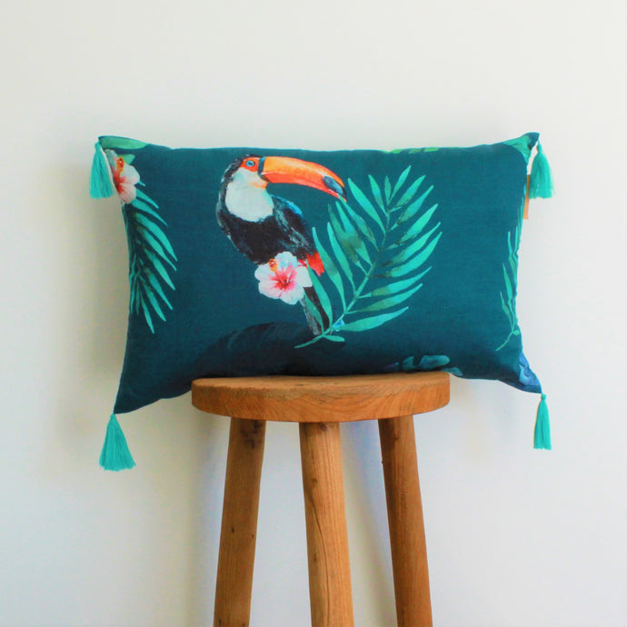 Tropical Jade Toucan Linen Aqua Tassel Cushion Cover - ONE LEFT - 40x60cm